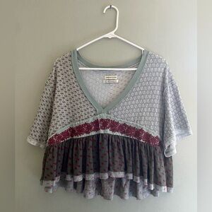 Urban Outfitters Patchwork Teal and Burgundy Patterned V-Neck Blouse